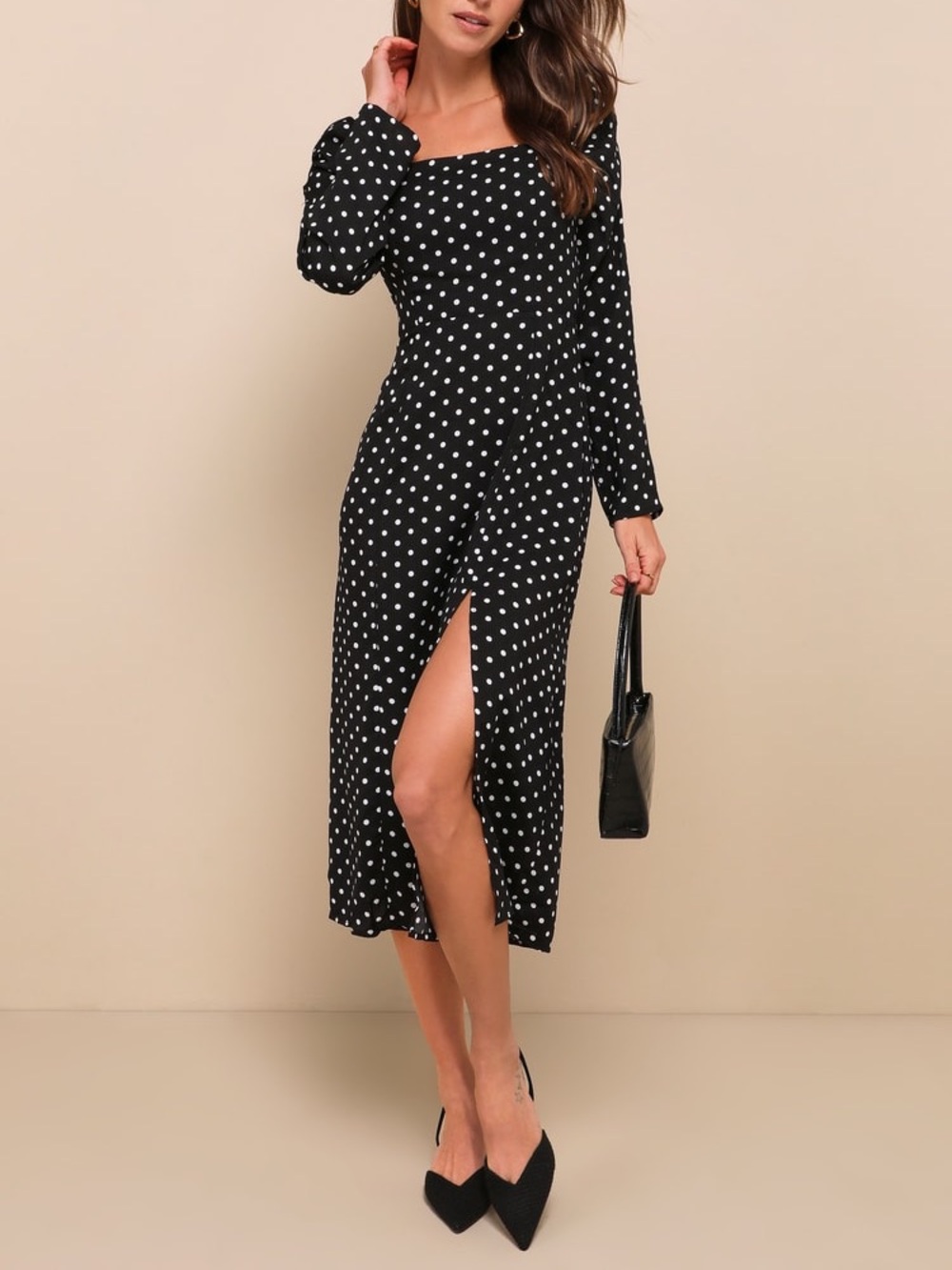 Lulus Charmed and Classy Black Polka Dot Long Sleeve Midi Dress NWT